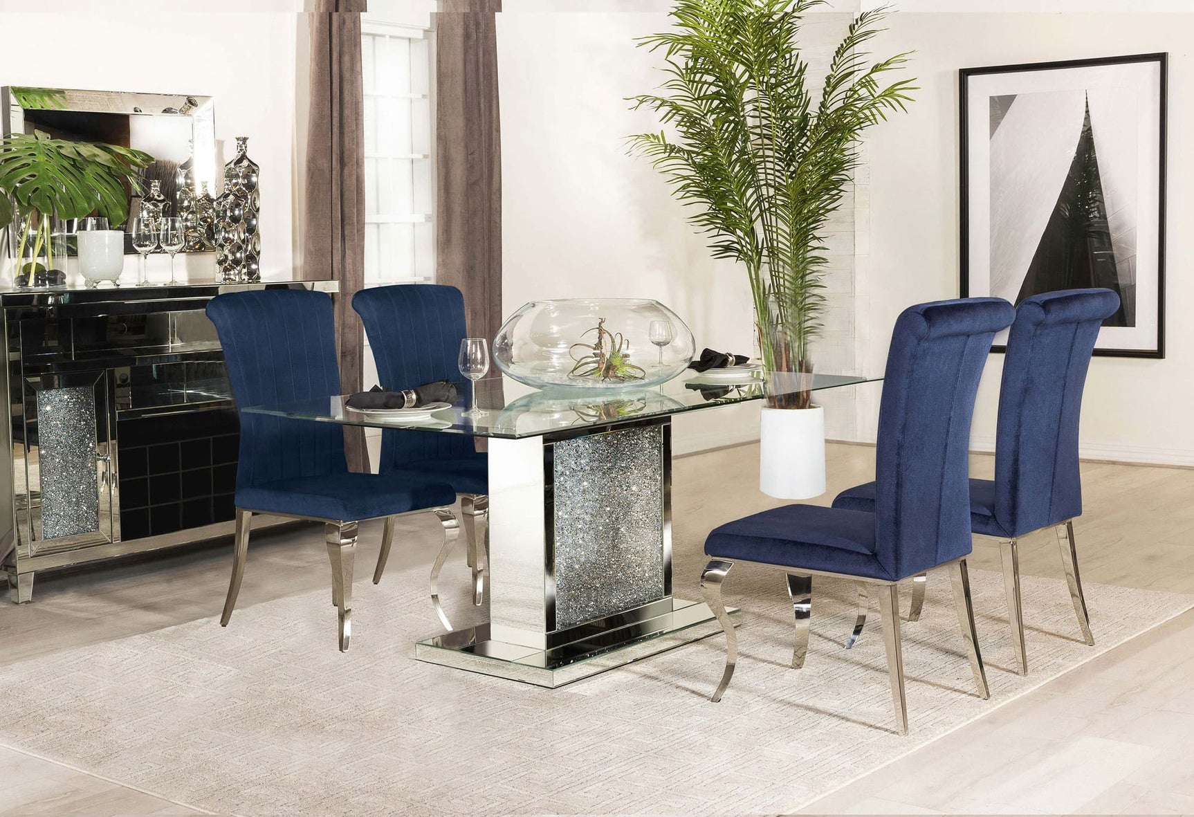 Marilyn Ink Blue Rectangular Mirrored Dining Room Set
