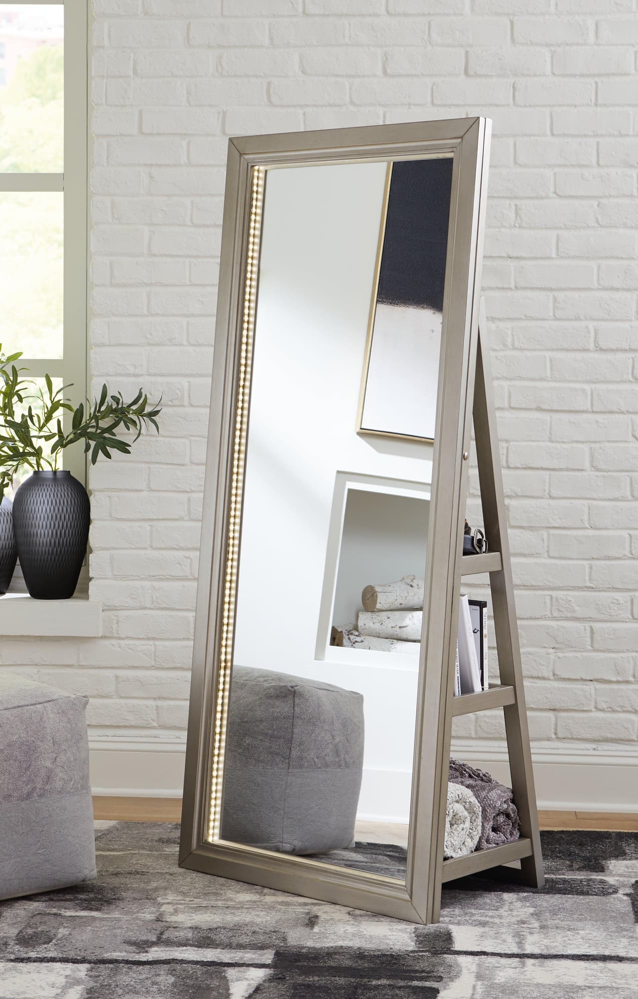 Evesen Champagne Floor Standing Mirror With Storage