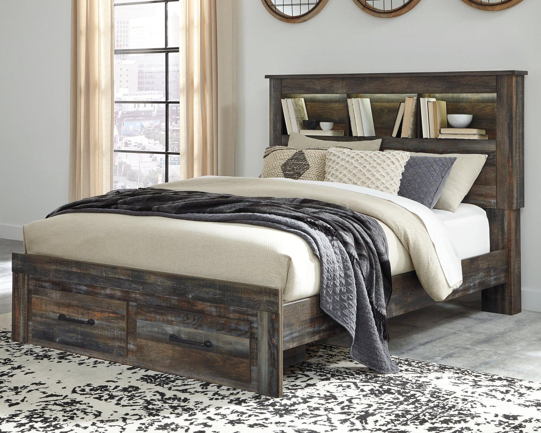 Drystan Multi Queen Bookcase Bed With 2 Storage Drawers