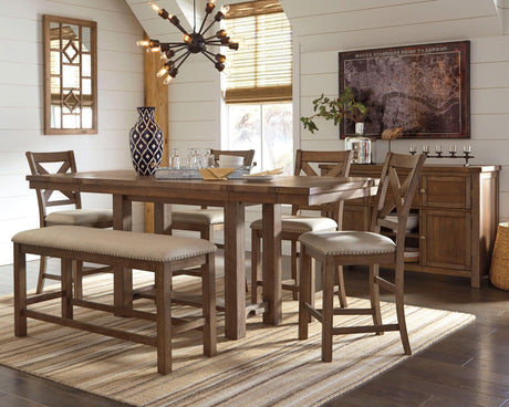 Moriville Grayish Brown Counter Height Dining Table And 4 Barstools And Bench With Storage - Ella Furniture