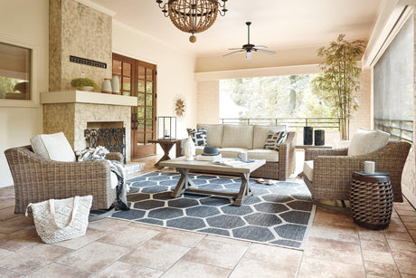 Beachcroft Beige Outdoor Sofa With 2 Lounge Chairs, Coffee Table And End Table - Ella Furniture