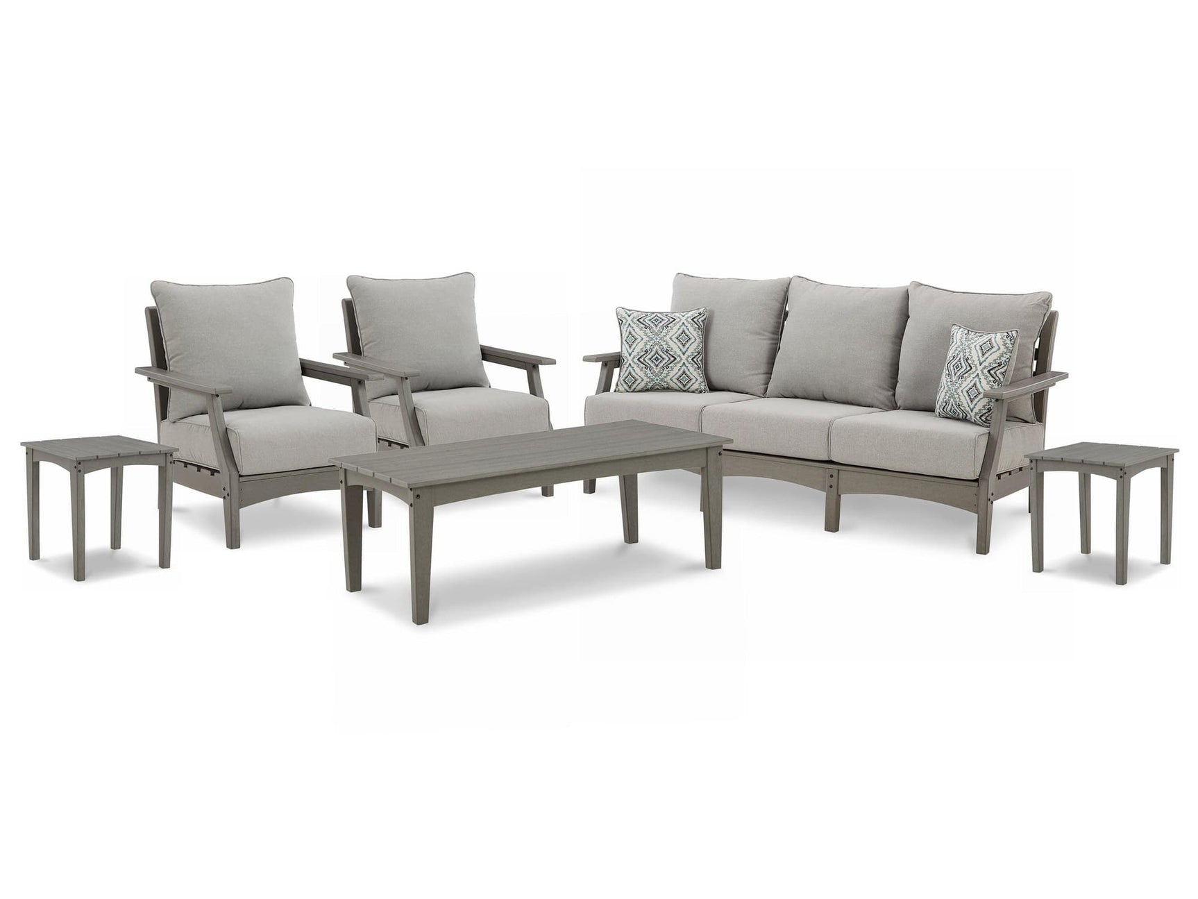 Visola Gray Outdoor Sofa And 2 Lounge Chairs With Coffee Table And 2 End Tables - Ella Furniture