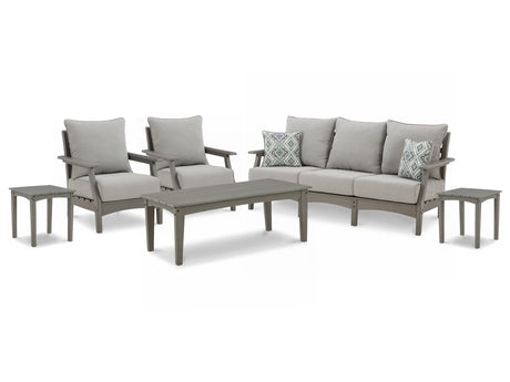 Visola Gray Outdoor Sofa And 2 Lounge Chairs With Coffee Table And 2 End Tables - Ella Furniture