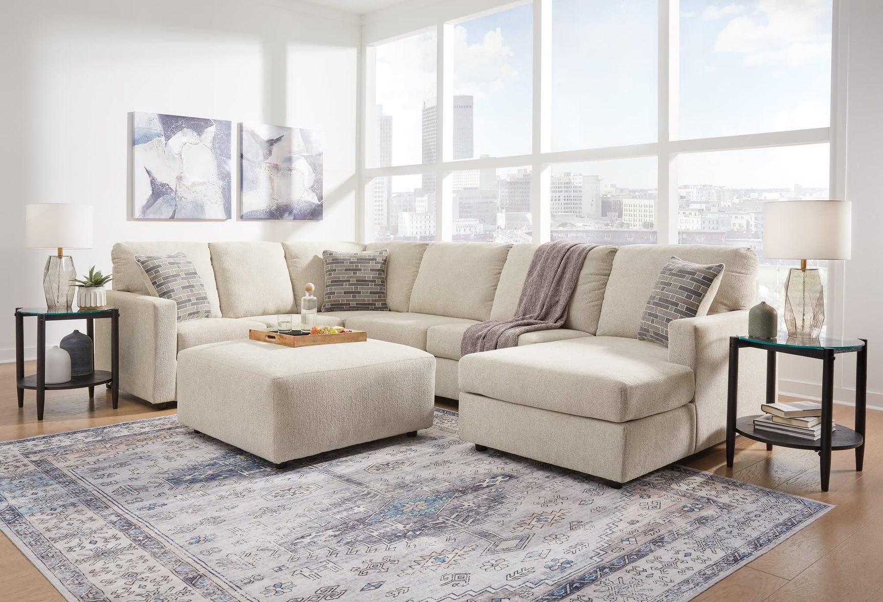 Edenfield Linen 3-Piece Sectional With Ottoman - Ella Furniture