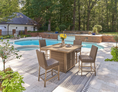 Walton Driftwood Bridge Outdoor Bar Table And 4 Barstools - Ella Furniture