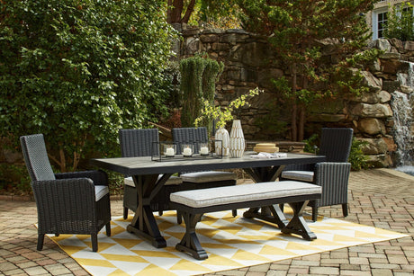 Beachcroft Black/light Gray Outdoor Dining Table And 4 Chairs And Bench - Ella Furniture