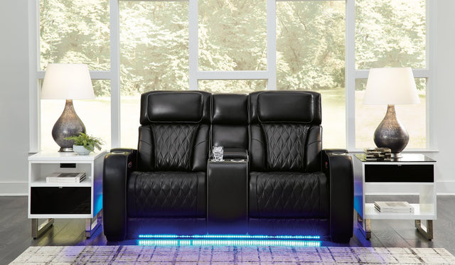 Boyington Black Leather Power Reclining Loveseat With Console - Ella Furniture