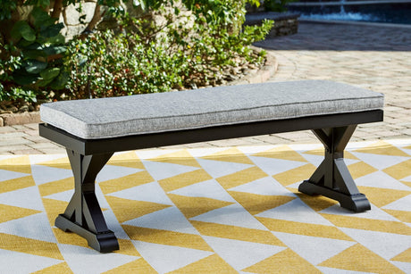 Beachcroft Black/light Gray Outdoor Bench With Cushion - Ella Furniture