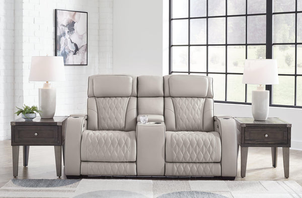 Boyington Gray Leather Power Reclining Loveseat With Console - Ella Furniture