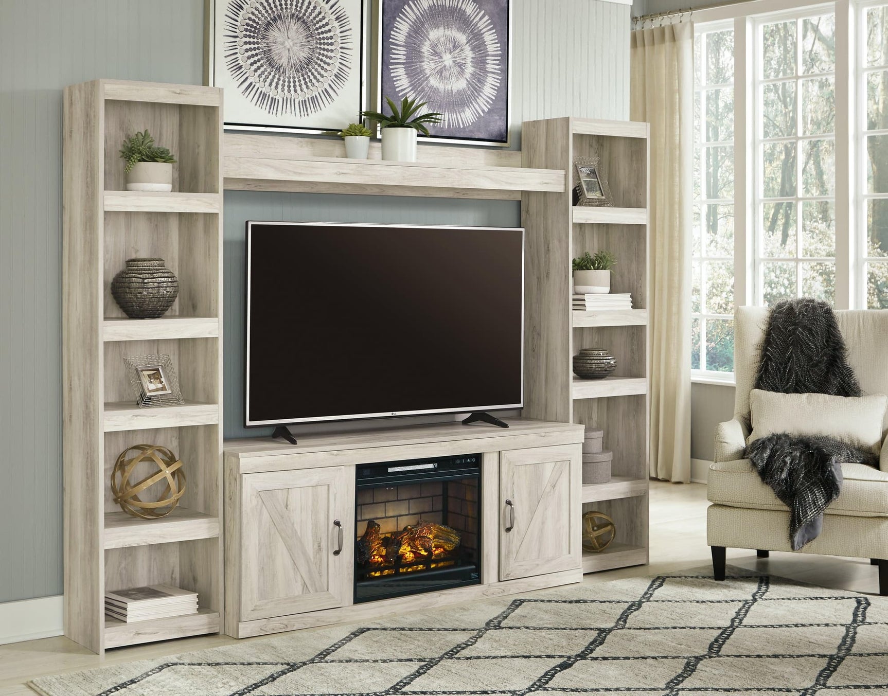 Bellaby Whitewash 4-Piece Entertainment Center With Electric Fireplace EW0331W8 - Ella Furniture