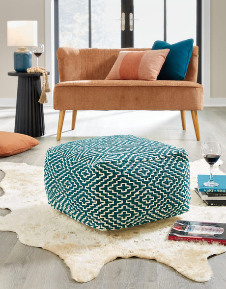 Brynnsen Teal/ivory Pouf - Ella Furniture