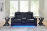 Fyne-dyme Sapphire Faux Leather Power Reclining Loveseat With Console - Ella Furniture