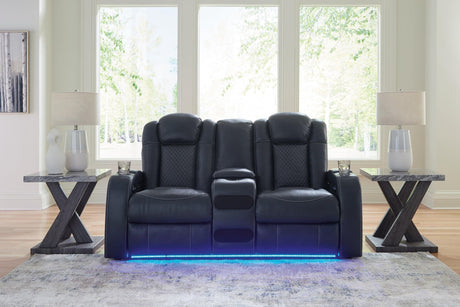 Fyne-dyme Sapphire Faux Leather Power Reclining Loveseat With Console - Ella Furniture