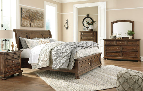 Flynnter Medium Brown Sleigh 2 Storage Bedroom Set - Ella Furniture