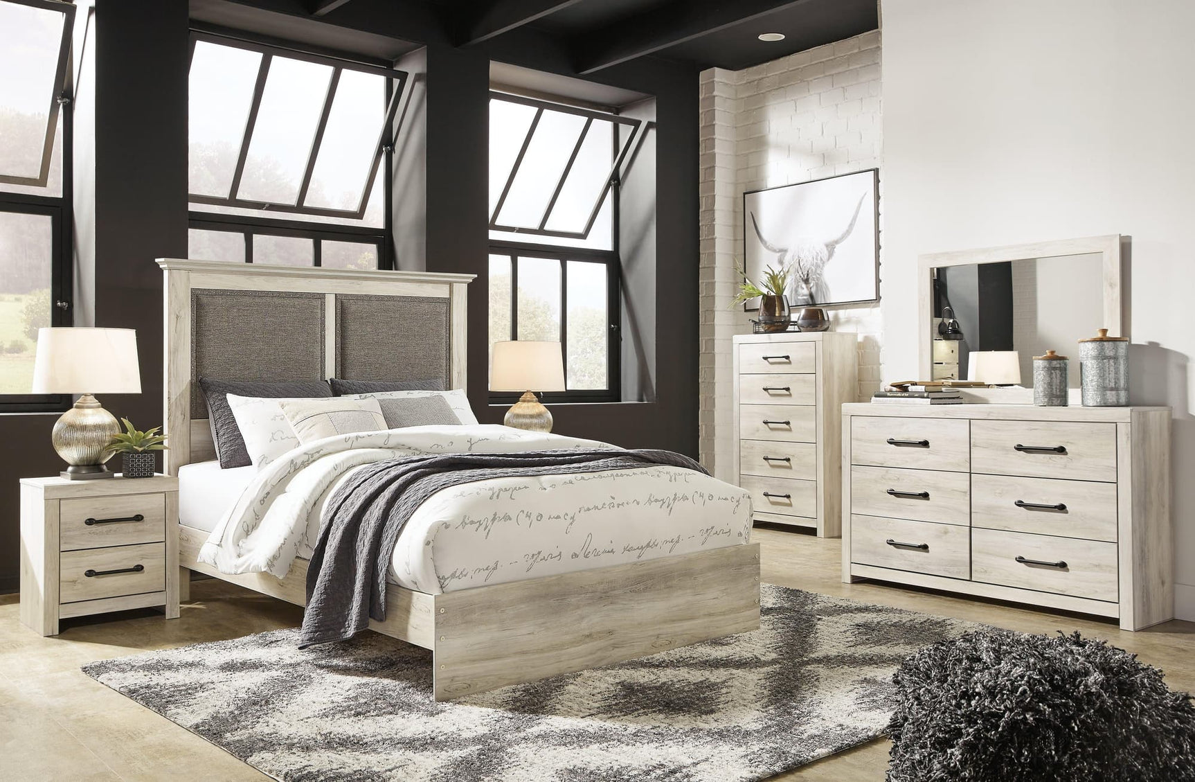 Cambeck Whitewash Upholstered Panel Bedroom Set - Ella Furniture