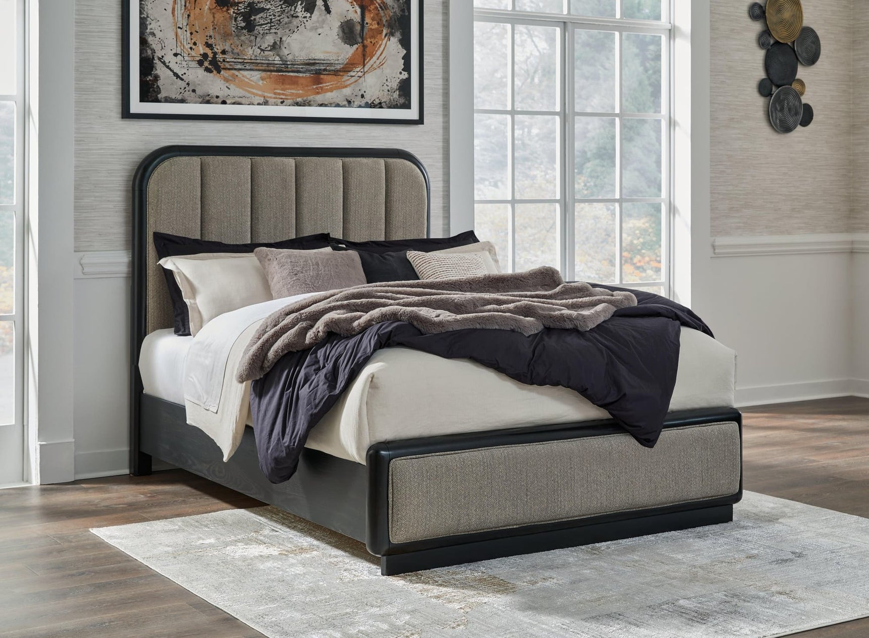Rowanbeck Gray/Black Queen Upholstered Panel Bed - Ella Furniture