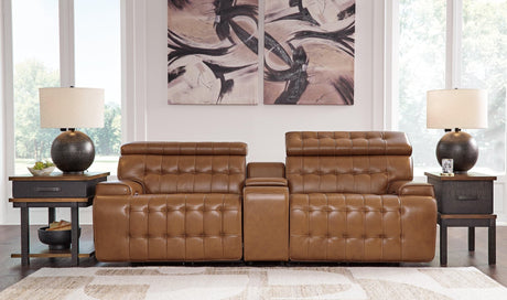 Temmpton Chocolate Leather 3-Piece Power Reclining Sectional Loveseat with Console - Ella Furniture