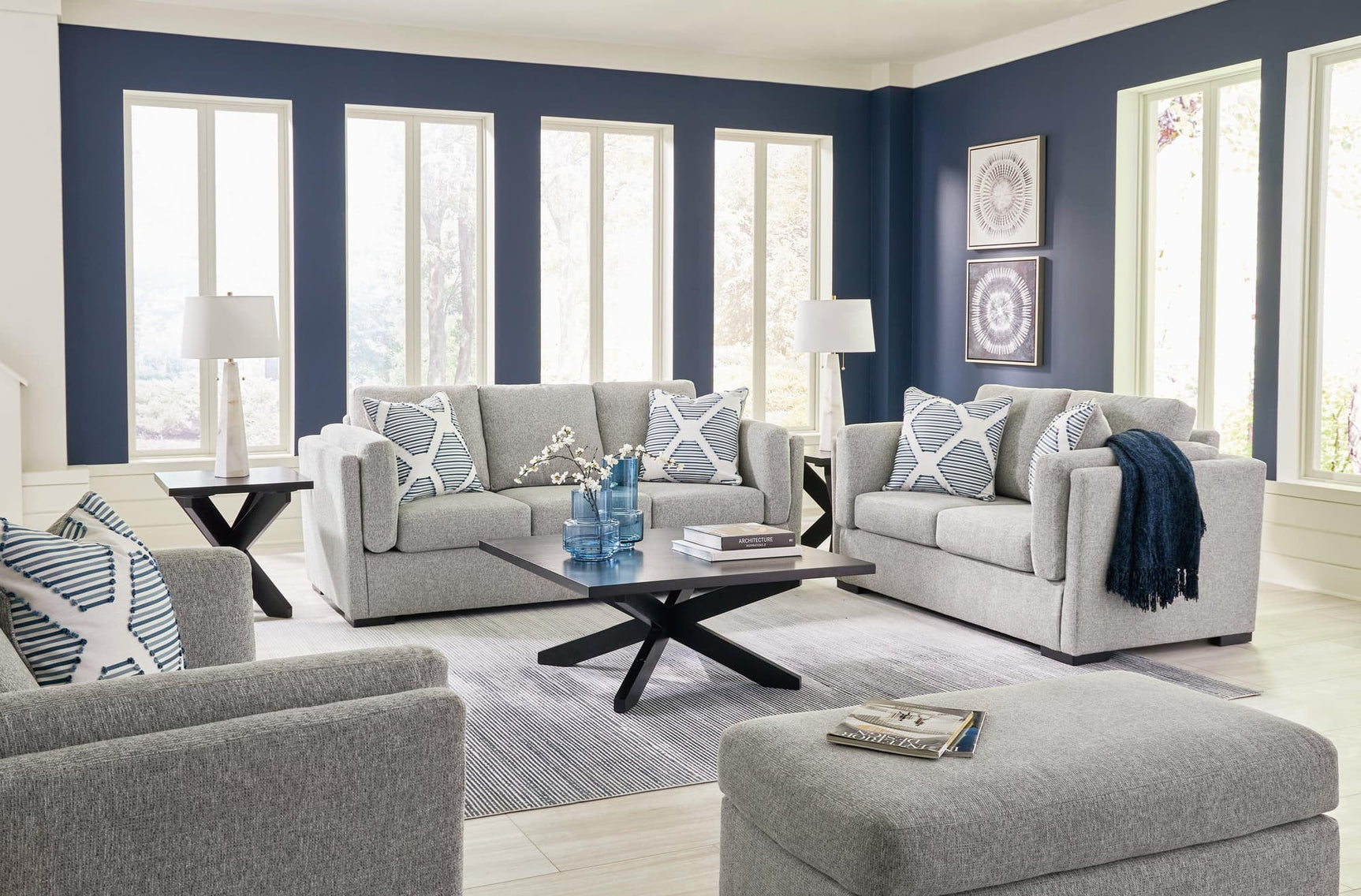 Evansley Pewter Sofa, Loveseat, Chair and Ottoman