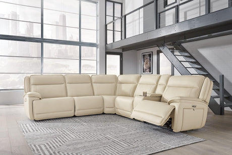 Double Deal Almond Leather 6-Piece Power Reclining Sectional