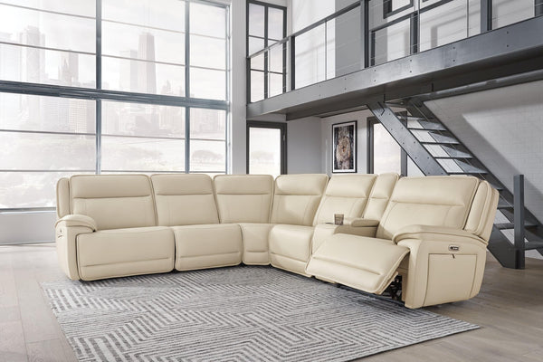 Double Deal Almond Leather 6-Piece Power Reclining Sectional