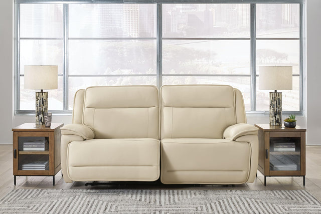 Double Deal Almond Leather 2-Piece Power Reclining Loveseat Sectional