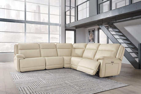 Double Deal Almond Leather 5-Piece Power Reclining Sectional