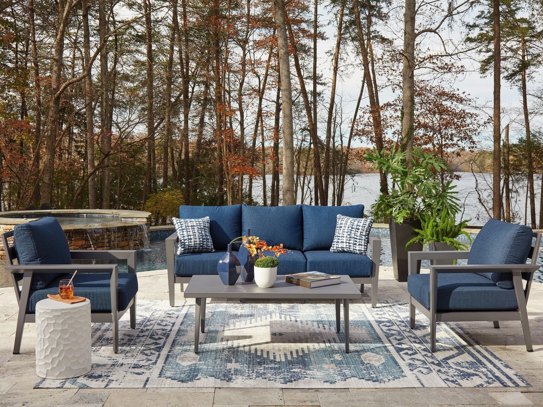 Gali Gray/Blue Outdoor Sofa/Chairs/Table Set (Set of 4)