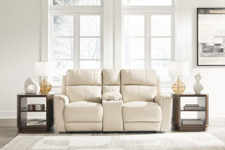 Dahlmoore Almond Leather Power Reclining Loveseat with Console