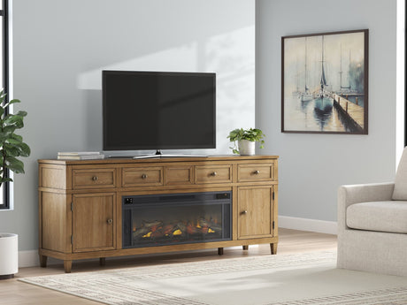 Sharlance Light Brown 81" TV Stand with Electric Fireplace