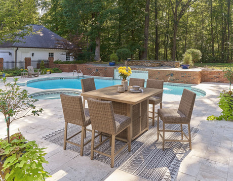 Walton Driftwood Bridge Outdoor Fire Pit Table and 6 Barstools