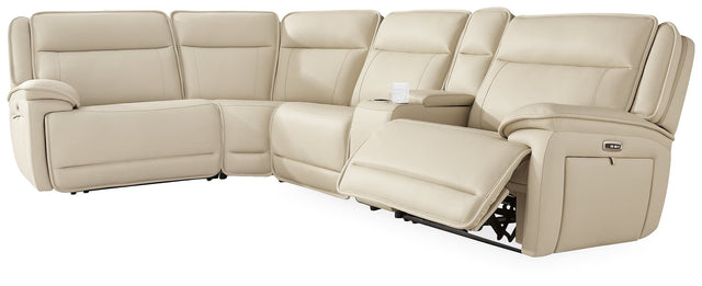 Double Deal Almond Leather 5-Piece Reclining Sectional with Console