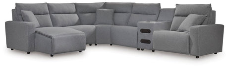 ModMax II Salt and Pepper Next-Gen Nuvella™ 6-Piece Reclining Sectional with Chaise and Audio Console