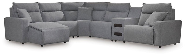 ModMax II Salt and Pepper Next-Gen Nuvella™ 6-Piece Reclining Sectional with Chaise and Audio Console