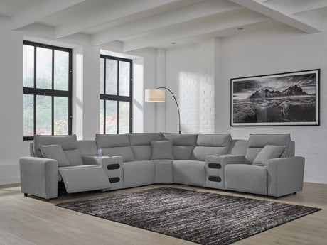 ModMax II Salt and Pepper Next-Gen Nuvella™ 7-Piece Power Reclining Sectional with Audio Consoles