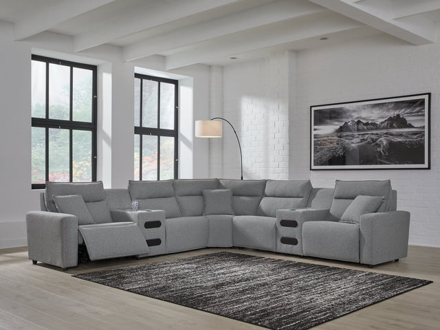 ModMax II Salt and Pepper Next-Gen Nuvella™ 7-Piece Power Reclining Sectional with Audio Consoles