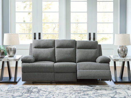 Side-Swipe Charcoal Chenille Reclining Sofa with Drop Down Table