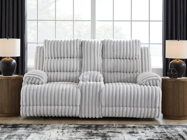 Rhines Falls Alloy Velvet Power Reclining Loveseat with Console