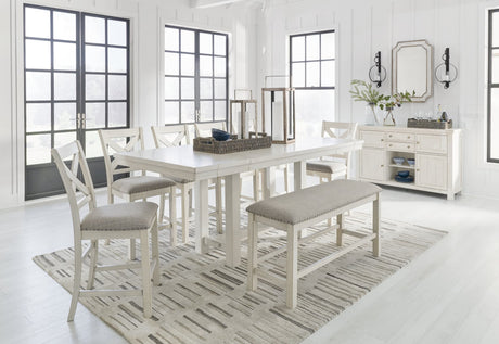 Robbinsdale Antique White Counter Height Dining Table and 6 Barstools and Bench with Storage