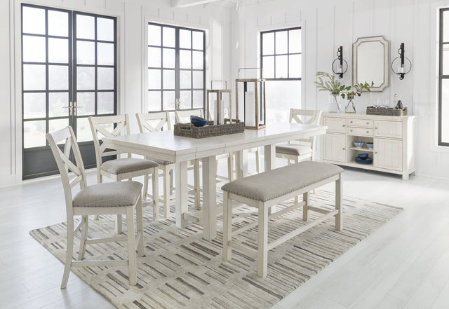 Robbinsdale Antique White Counter Height Dining Table and 6 Barstools and Bench with Storage