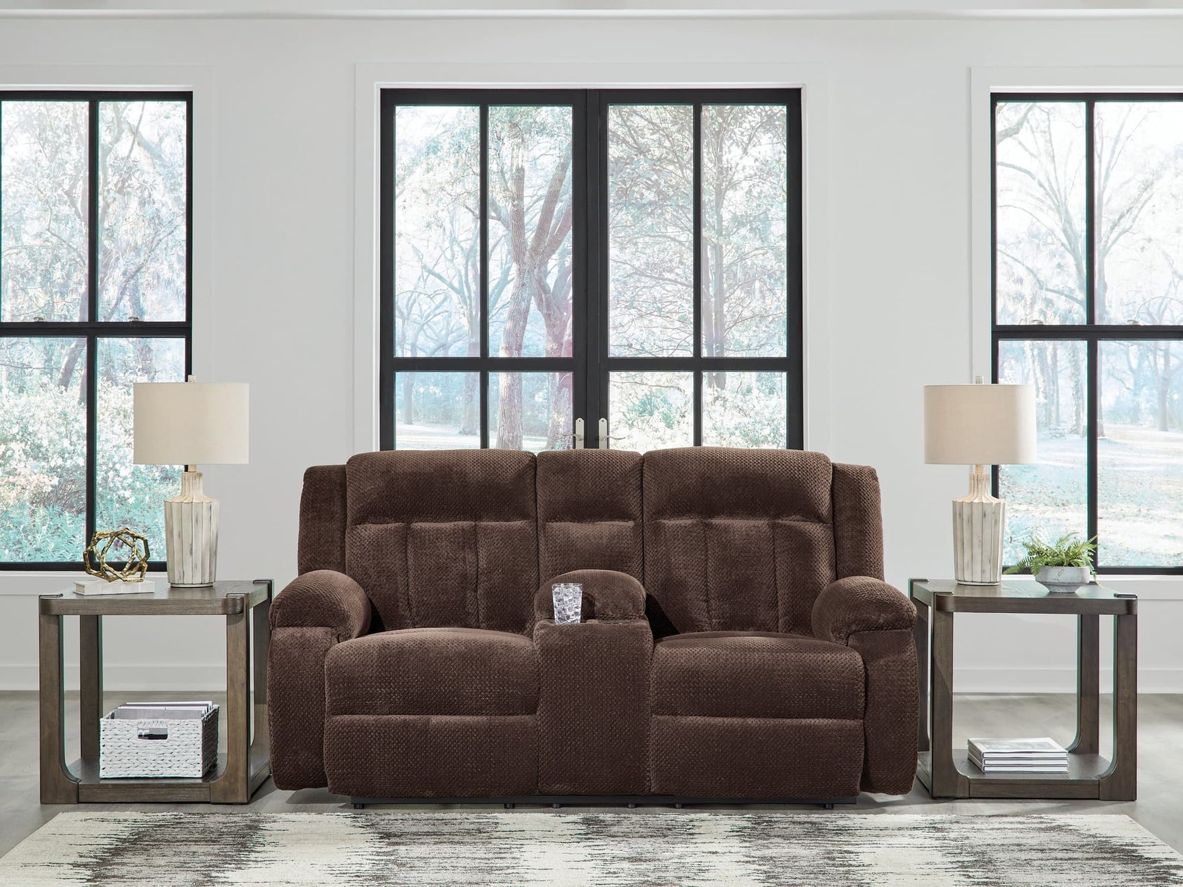 Observation Chocolate Velvet Power Reclining Loveseat with Console