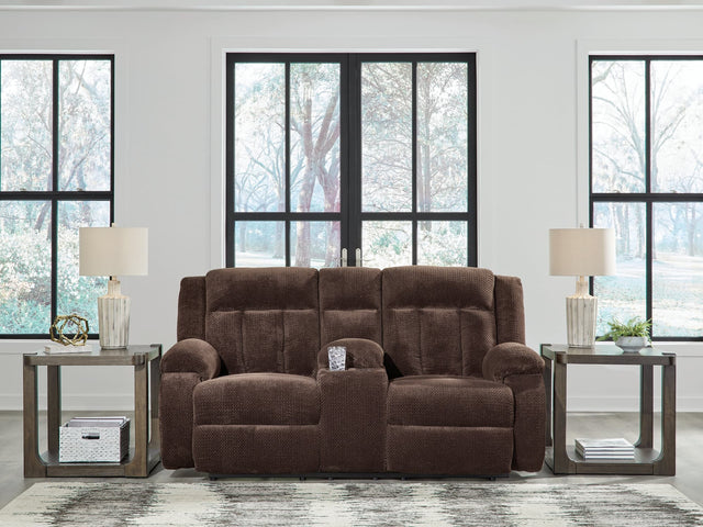 Observation Chocolate Velvet Power Reclining Loveseat with Console