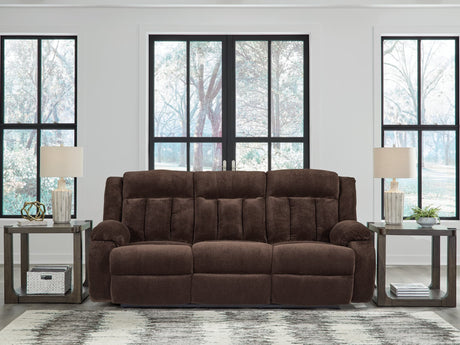 Observation Chocolate Velvet Power Reclining Sofa with Drop Down Table
