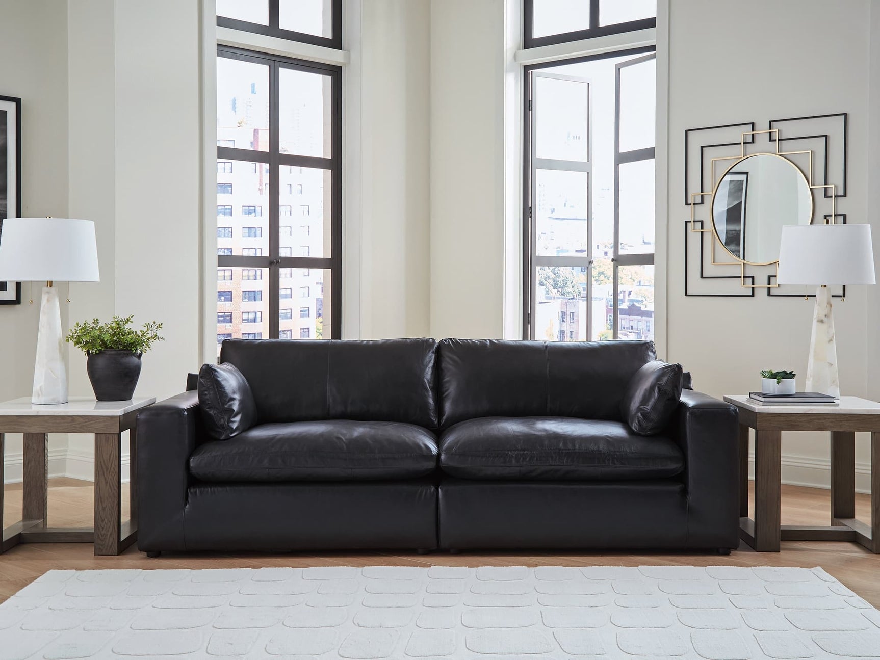 Emilia Black Leather 2-Piece Sectional Loveseat