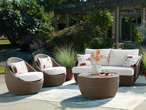 Double Beige Point Outdoor Sofa, Loveseat and 2 Lounge Chairs with Coffee Table
