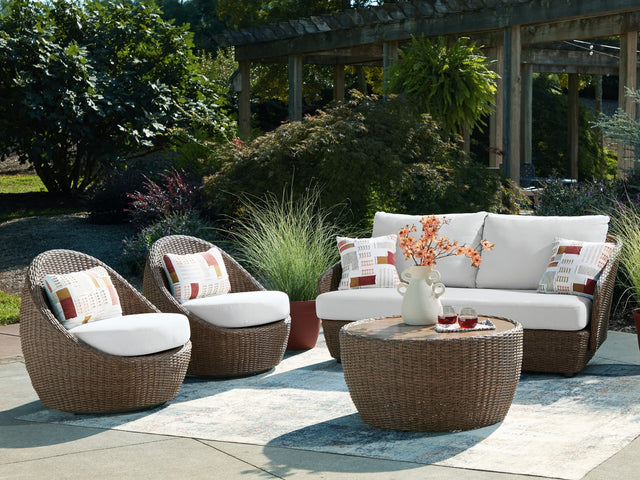 Double Beige Point Outdoor Sofa, Loveseat and 2 Lounge Chairs with Coffee Table