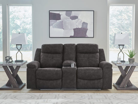 Brysonview Charcoal Faux Leather Reclining Loveseat with Console