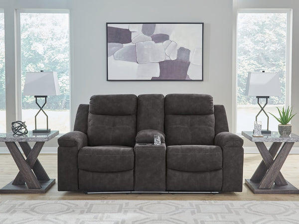 Brysonview Charcoal Faux Leather Reclining Loveseat with Console