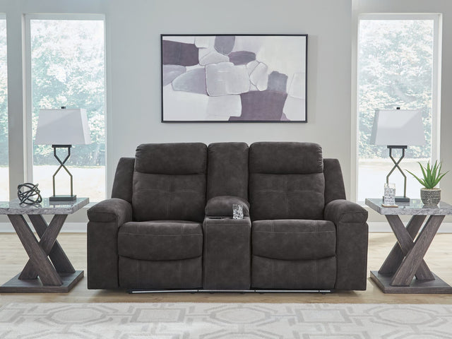 Brysonview Charcoal Faux Leather Reclining Loveseat with Console