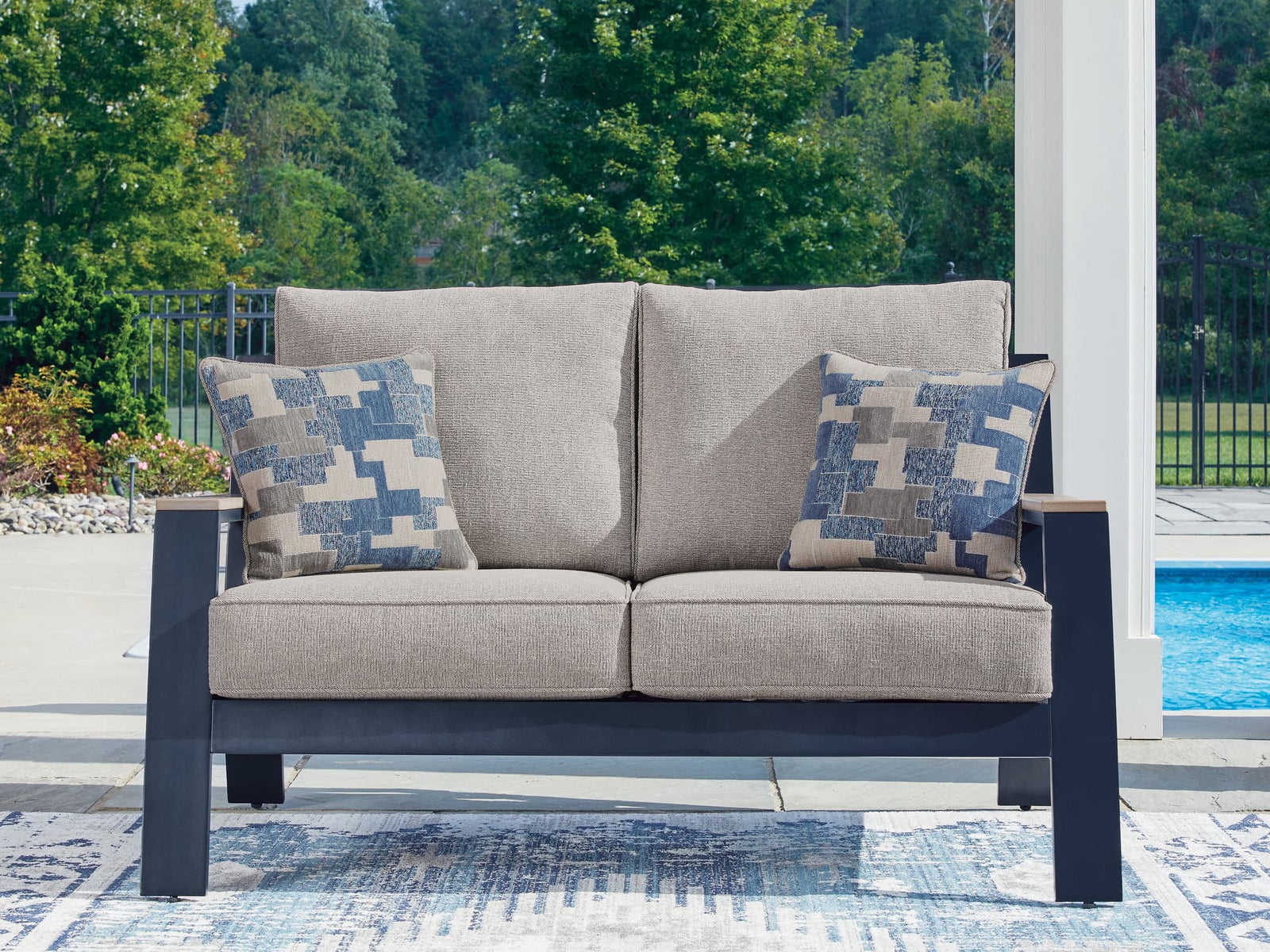 East Beach Navy Blue/Driftwood Outdoor Loveseat with Cushion