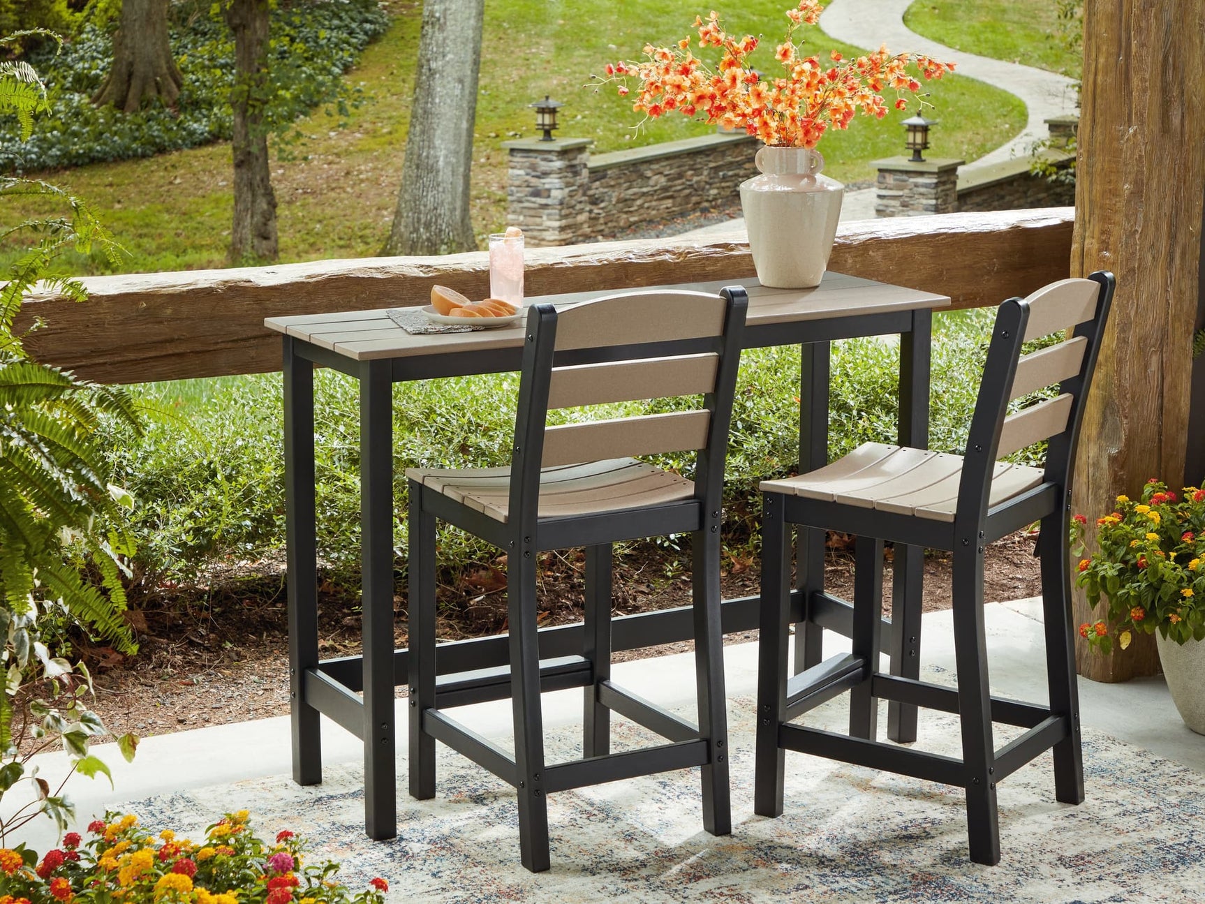 Shoreline Beach Black/Beige Outdoor Counter Table and 2 Barstools